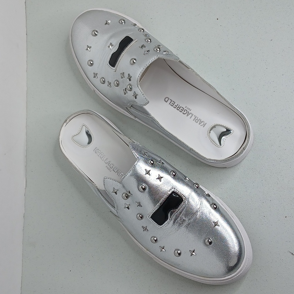 Karl Lagerfeld- Paris - Eisley - Silver Leather & Stud Slip-On Sneakers - 8.5M - Picture 3 of 12